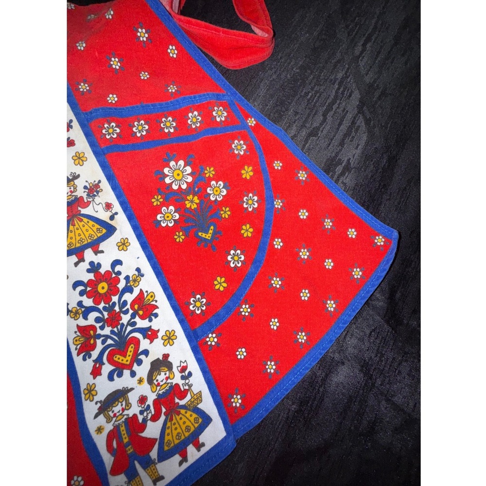 Vintage Kolf Austrian German Folk Art Child Apron Red Blue 2 Pockets - Picture 3 of 8